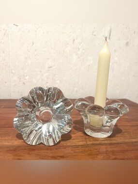 Vintage Heisey Glass Crystolite Rosette Pair of Candle Holders